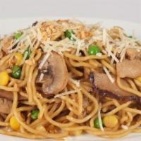 24. Garlic Noodles · Choice of protein, Japanese noodles, white and shitake mushrooms, corn, peas, butter, garlic...