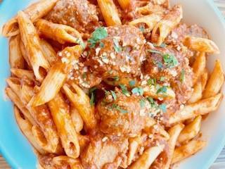 64. Penne Meat Lovers · Penne pasta with Italian mild sausages & beef meatballs in homemade meat sauce