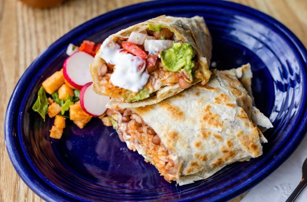 Rice and Beans Burrito · Choice of beans, rice, pico de gallo and tortilla or try it naked with lettuce. Comes with a single serving of papalote salsa and a few chips.