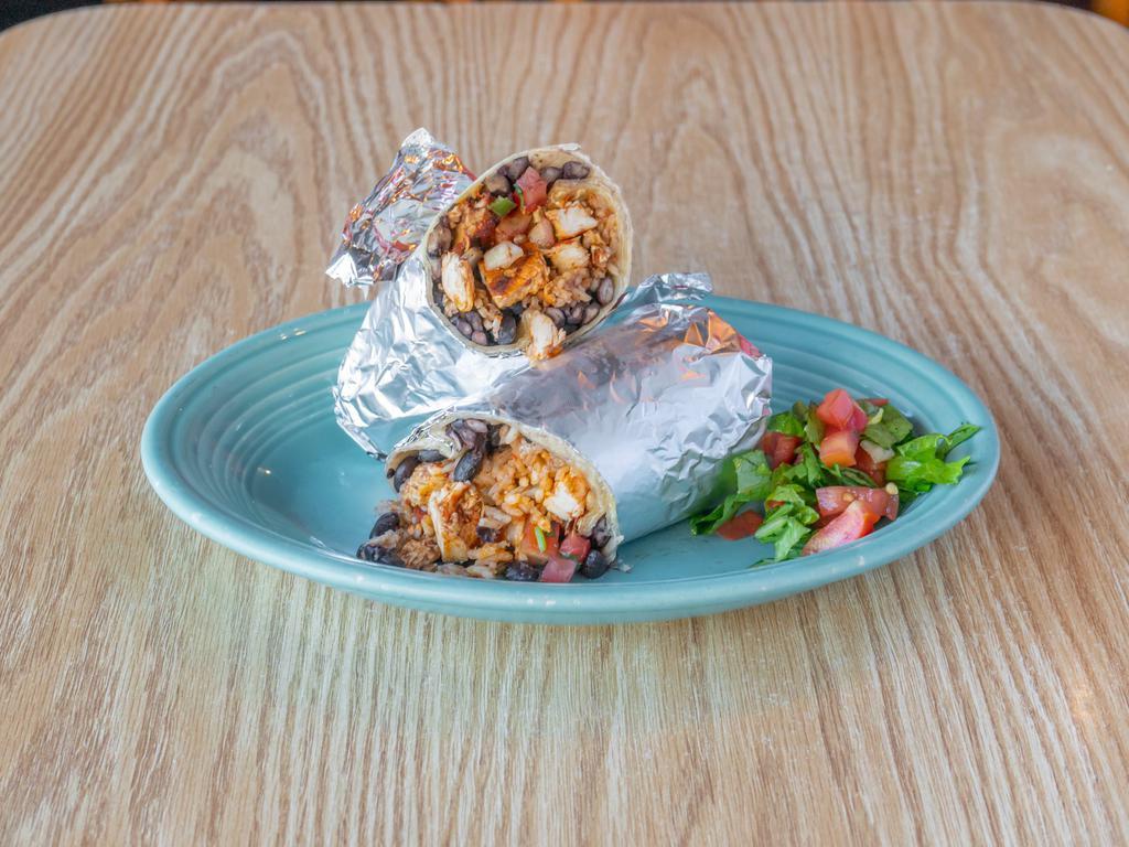 Pollo Asado Burrito · Grilled chicken with choice of beans, rice, pico de gallo, and tortilla or try it naked with lettuce. Comes with a single serving of papalote salsa and a few chips.