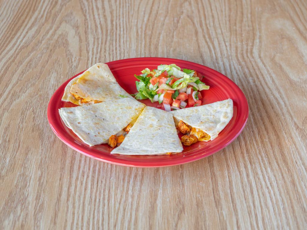 Chicken Mole Quesadilla · Served on a flour tortilla with melted cheese, and chicken mole. Comes with a single serving of papalote salsa and a few chips.