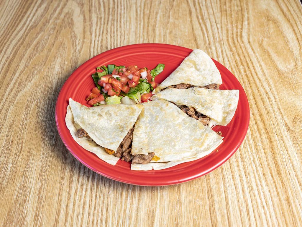 Carne Asada Quesadilla · Served on a flour tortilla with melted cheese, and grilled steak. Comes with a single serving of papalote salsa and a few chips.