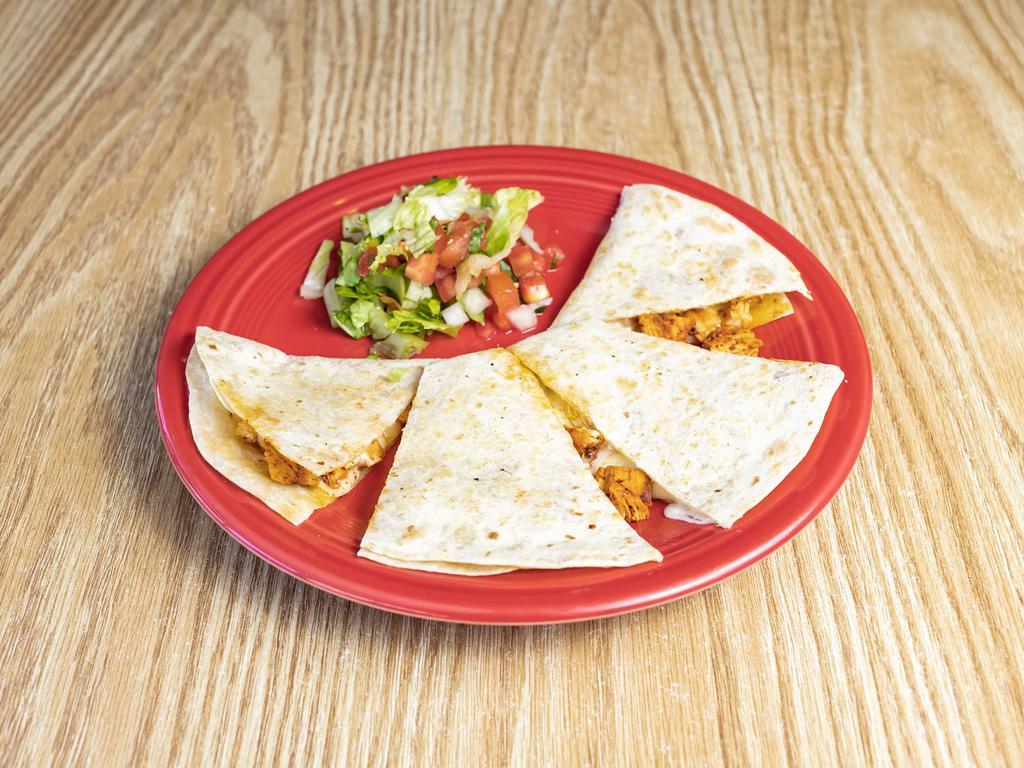 Pollo Asado Quesadilla · Served on a flour tortilla with melted cheese, and grilled chicken. Comes with a single serving of papalote salsa and a few chips.
