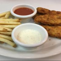 Wahoo’s Chicken Fingers. · 4 plain fingers served fries and dressing and sauce on the side.
