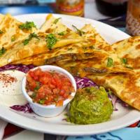 Loaded Quesadilla. · Oversized flour tortilla with melted jack and cheddar cheese and choice of protein and serve...