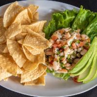 Ceviche. · Shrimp, Green Onions, Tomato, Cilantro, Jalapeño, Pico De Gallo, Fresh Lemon Juice and Lime ...