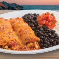 Two Enchilada Entrée. · Two Enchiladas with rice and beans