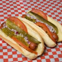 All Beef Regular Works Dog · Mustard, Ketchup, Relish, Tomato, Onion and Pickle.