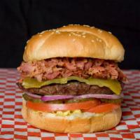 Southwest Pastrami Burger · 1/4 lb Patty, 2oz Pastrami, Green Chile, Chipotle Mayo, Lettuce, Tomato, Pickle and Red Onion.