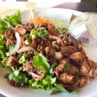 Larb Salad · Your choice of chopped chicken, tofu or mock duck mixed with fresh cut mint, lime juice, cil...