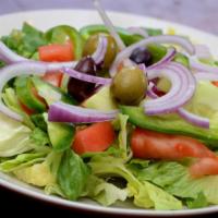 Tossed House Salad · Lettuce, tomatoes, cucumbers, peppers, red onions, black and green olives.