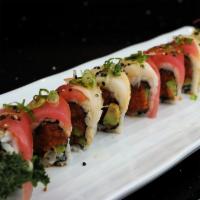Red and White Roll · Fresh roll. In: spicy tuna, cucumber. Out: tuna, escolar, spicy oil, ponzu, smelt egg, green...