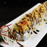 Crunch Roll · Shrimp tempura, crab meat, and avocado with crunch on top.