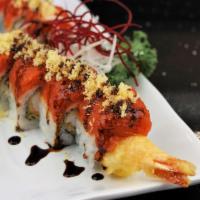 Hot Night Roll · Shrimp tempura with cucumber and spicy tuna on top.