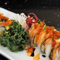 Salmon Talk Roll · Shrimp temp with spicy crab and tuna & salmon on top.