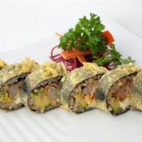 Earth Roll · Breaded shrimp, cream cheese, avocado, fried rice, tempura fried, tampico paste inside and s...