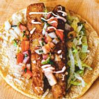 Seafood Taco · Served with a choice of protein, topped with shredded cabbage, chipotle sauce and pico de ga...