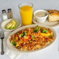 Veggie Omelette · Broccoli, diced bell pepper, mushrooms, onions, cheese, and tomatoes.