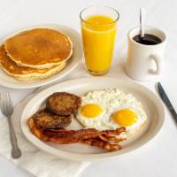 Pancake Combo · Served with 2 pancakes, 2 eggs and choice of bacon or sausage.