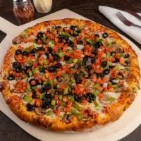 Veggies Pizza · Mushrooms, bell peppers, black olives fresh tomato, and sweet onion.