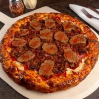 Meat, Meat and More Meat Pizza · Pepperoni, sausage, salami, ham, bacon and meatball mamma Mia, azza-lotta-meat!.