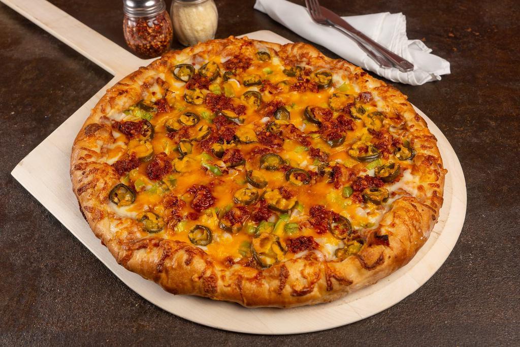 Pizza Mexicana · Refried beans, chorizo, bell pepper, onion, jalapeno, mozzarella, and cheddar.