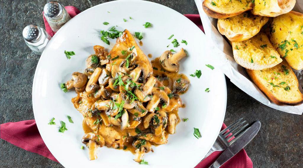 Chicken Marsala with Mushrooms · Tender chicken breast sauteed in extra virgin olive oil, butter, Marsala wine with mushrooms. Add a side of penne marinara for an additional charge.