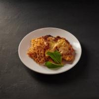 Chicken Parmigiana · Light breaded, baked, mozzarella and angel hair.