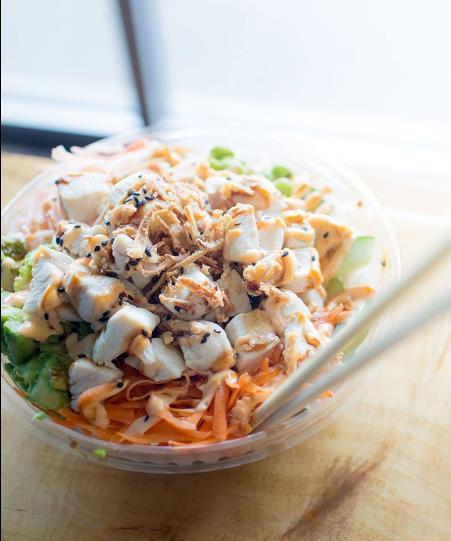 The Shaka Chicken Bowl · Chicken, edamame, carrots, avocado, green onion, cucumber, crab stick, og, sweet soy, sriracha aioli (spicy). no substitutions or additions for signature bowl ingredients..