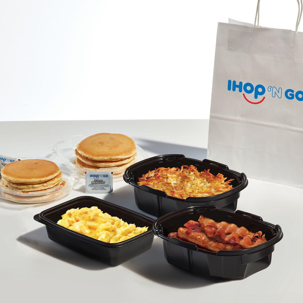 Breakfast Family Feast with Pancakes · Four servings each of scrambled eggs and golden hash browns, 8 hickory-smoked bacon strips, 8 pork sausage links, and 8 fluffy buttermilk pancakes. Serves 4. Available for IHOP ‘N Go only. Not available for dine-in.
