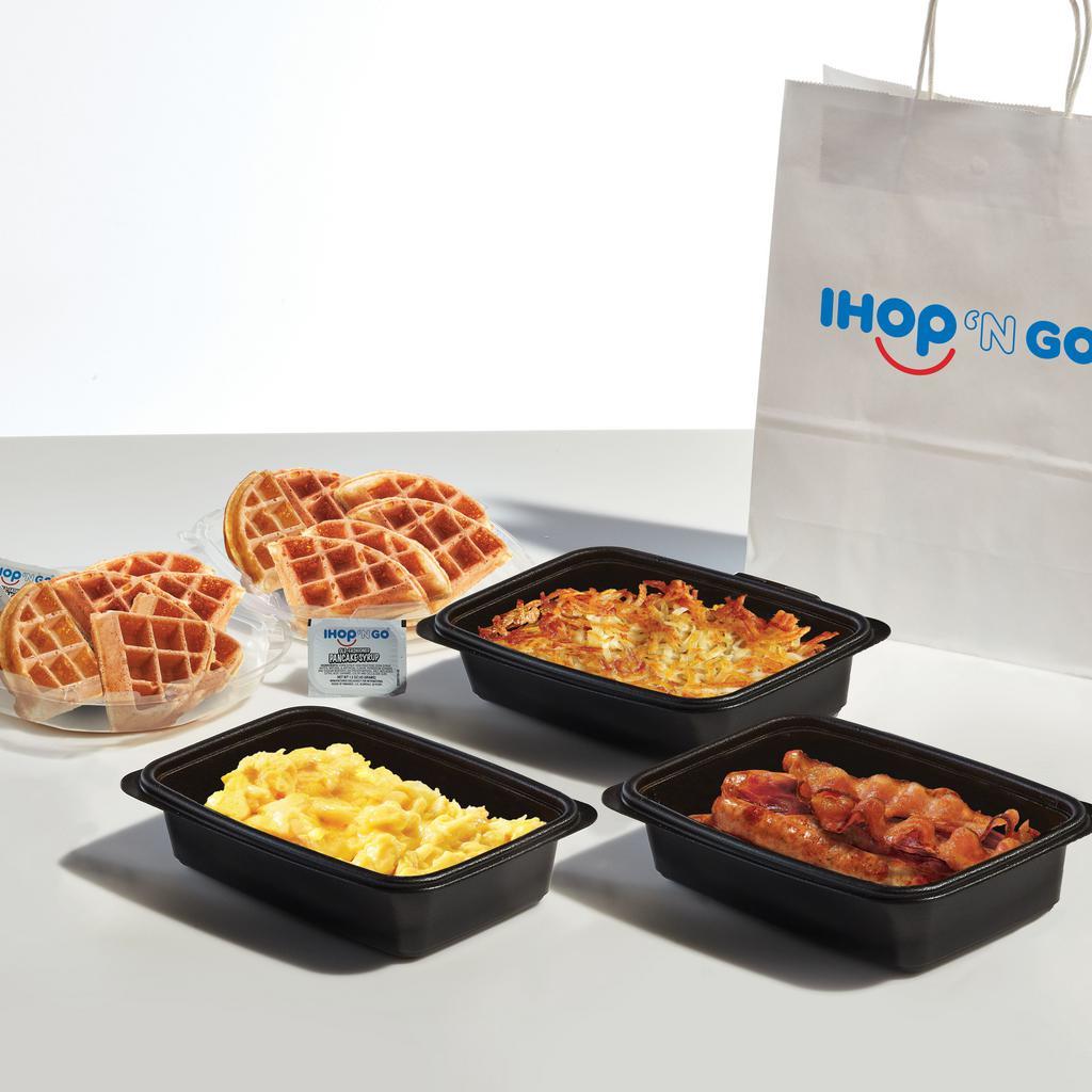 Breakfast Family Feast with Waffles · Four servings each of scrambled eggs and golden hash browns, 8 hickory-smoked bacon strips, 8 pork sausage links, and 12 Belgian Waffle triangles. Serves 4. Available for IHOP ‘N GO only. Not available for dine-in.