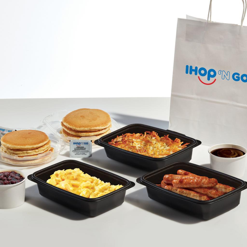 Pancake Creations Family Feast with Sausage · 8 of our world famous buttermilk pancakes, 4 servings each of scrambled eggs and golden hash browns, 8 pork sausage links, and choice of 2 pancake toppings. Serves 4. Available for IHOP ‘N GO only. Not available for dine-in.