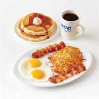 Create Your Own Pancake Combo · Choice of any 2 same-flavored pancakes, served with 2 eggs* your way, 2 custom-cured hickory...