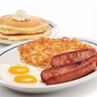 Smokehouse Combo · Two jumbo smoked sausage links served with 2 eggs* your way, hash browns & 2 buttermilk panc...