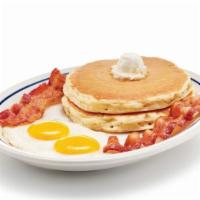 2 x 2 x 2 · Two eggs*, 2 bacon strips or 2 pork sausage links & 2 buttermilk pancakes.