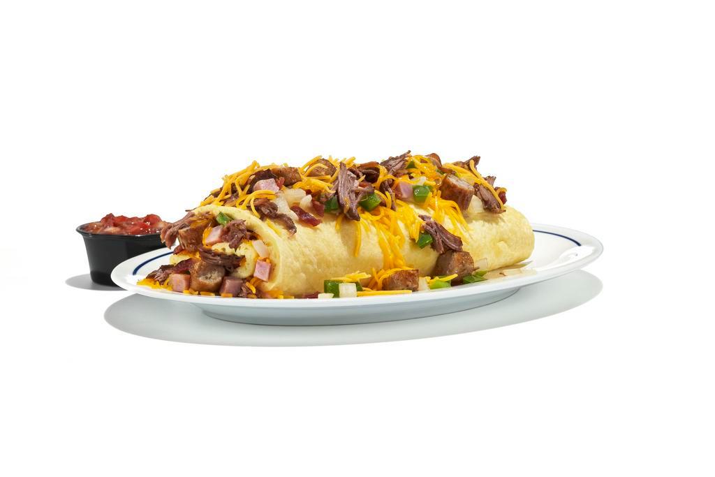 Colorado Omelette · Experience the Rocky Mountain lifestyle with our omelette stuffed with bacon, shredded beef, pork sausage & ham with green peppers, onions & Cheddar cheese. Served with our salsa.
