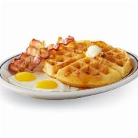 Belgian Waffle Combo · Our house-made golden-brown Belgian waffle is served with 2 eggs* your way and 2 custom-cure...