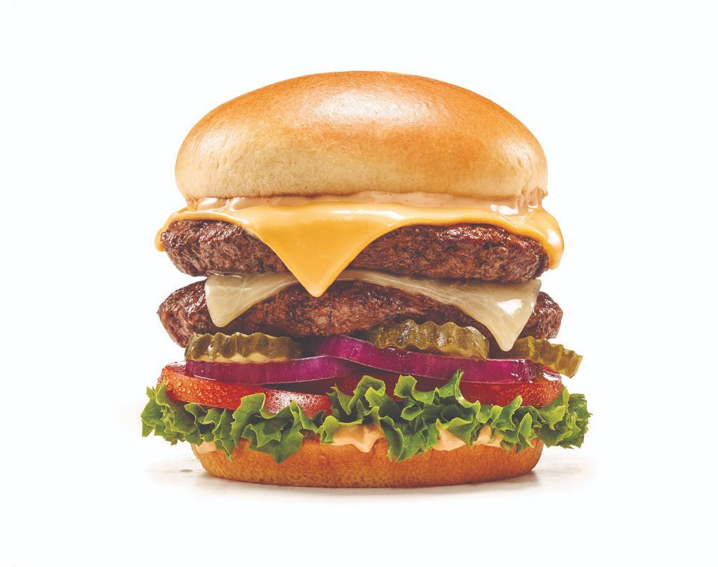 Mega Monster Burger · No need to fear this monster. Two all-natural black angus steakburger patties, American and White Cheddar cheeses, lettuce, tomato, red onion, pickles & IHOP® Sauce. Chicken options not available.