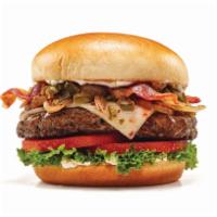 Jalapeño Kick Burger · This one will kick you back. Spicy blend of sautéed jalapeños, Serranos & onion, bacon, Pepp...