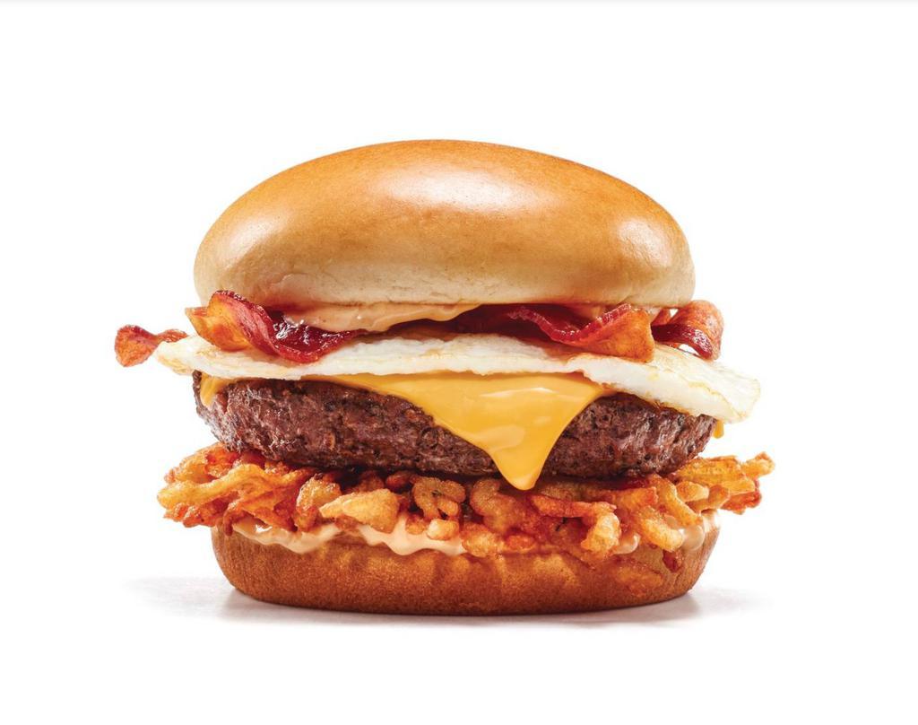 Big Brunch · We know how to put breakfast on a bun. Custom cured hickory-smoked bacon, fried egg*, crispy potato pancake, American cheese & IHOP® Sauce.

