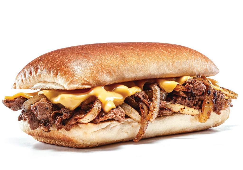 Philly Cheese Steak Stacker · Philly comes to you with grilled sirloin steak & onions topped with melted American cheese on a grilled roll.

