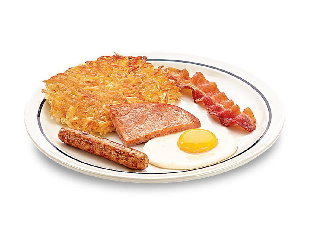 55+ Breakfast Sampler · One egg* your way, 1 bacon strip, 1 pork sausage link, 1 thick-cut piece of ham, hash browns & 1 buttermilk pancake.

