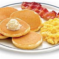 Silver 5 · Five silver dollar buttermilk pancakes, 1 scrambled egg & 1 custom-cured hickory-smoked baco...
