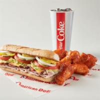 12. Sub and 5 Piece Wing Combo · Served with drink. Add fries for an additional charge.
