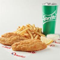 Tilapia Fish Combo · 2 pieces of fish with tartar sauce served with choice of side and drink.
