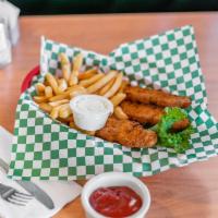 Chicken Strips and Fries Basket  · Large helping of deep fried strips, french fries and choice of dressing. 