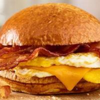 Bacon, Egg, Cheese Sandwich · Freshly cracked eggs, aged cheddar cheese, applewood smoked bacon, toasted brioche bun