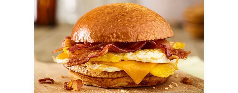 Bacon, Egg, Cheese Sandwich · Fresh cracked eggs, aged cheddar cheese, applewood smoked bacon, toasted brioche bun