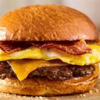 Breakfast Burger · Certified Angus Beef, freshly cracked eggs, applewood smoked bacon, aged cheddar cheese, toa...
