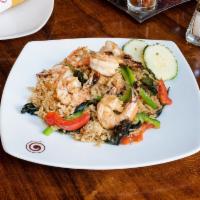 26. Shrimp Basil Fried Rice  · Thai-style spicy seasoned jasmine rice pan-fried with shrimp, basil leaves, sweet pepper, ch...